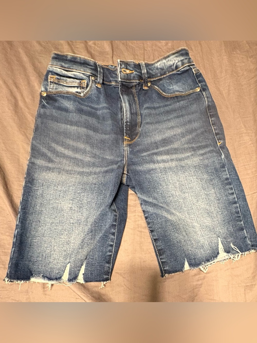 Good American Dark Indigo Distressed Denim Bermuda Shorts